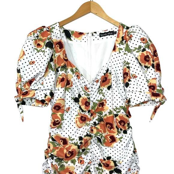 LAVISH ALICE Women’s Polkadot Floral Puff Sleeved Ruched Mini Dress - Picture 3 of 5